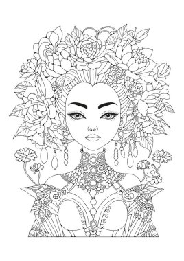 Uzun saçlı güzel bir kız bir çiçek çelengiyle süslenir. Boyama sayfası. Çocuklar ve yetişkinler için sanat terapisi. Sanat eseri, hobi.