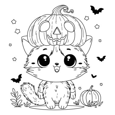 Kafasında balkabağı olan şirin bir cadılar bayramı kedisi. Çocuklar için boyama sayfası. Sanat terapisi.