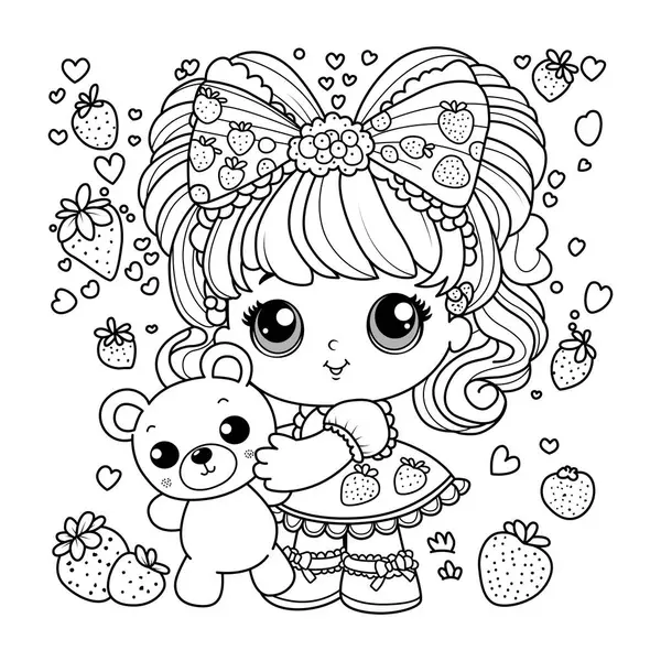 Oyuncak ayı tutan tatlı bir kız. Çocuklar için boyama sayfası. Sanat terapisi.