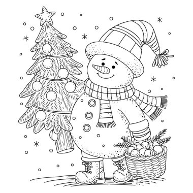 Cute snowman in a hat carries a decorated Christmas tree. Coloring page for children and adults. Art therapy. clipart