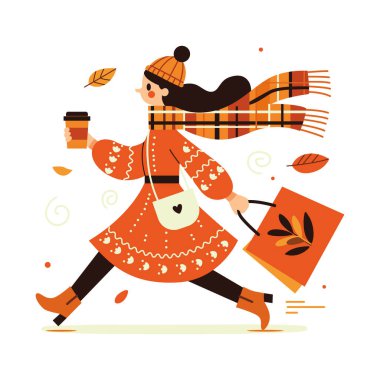 Parlak elbiseli bir kız, bir sonbahar günü, elinde bir fincan kahve, diğer elinde alışveriş torbalarıyla caddede koşar.