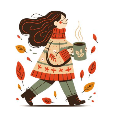 Elinde bir kupa kahveyle, elinde süs eşyasıyla sokakta yürüyen güzel, sıcak kazaklı bir kız..