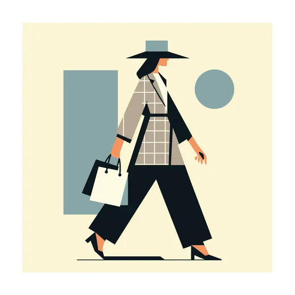 stock vector Girl in a hat walks holding shopping bags in her hands. Flat vector style.