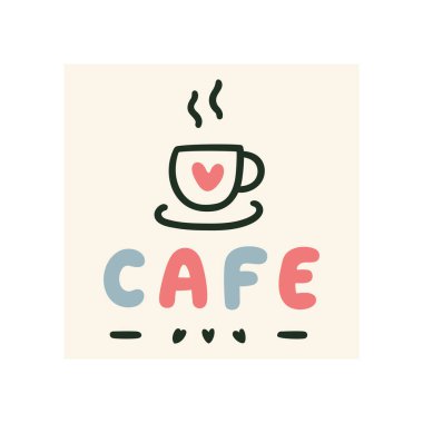 Bir kafe ya da kahve dükkanı için basit bir logo. Kahve fincanı, çay tabağı ve kalp..