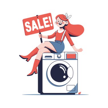 Cheerful young woman sitting on a washing machine and holding a sign saying 