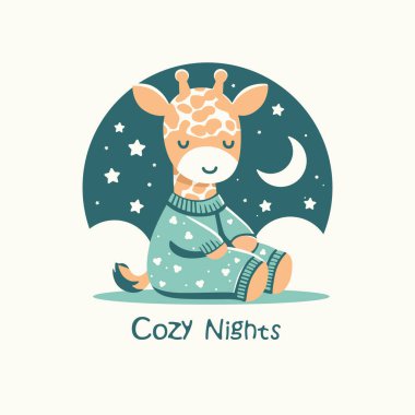 Tatlı zürafa uyuyor, pijama giyiyor. Bir dükkanın logosu ve çocuk kıyafetleri veya uyku aksesuarları üretimi. Düz vektör biçiminde illüstrasyon.