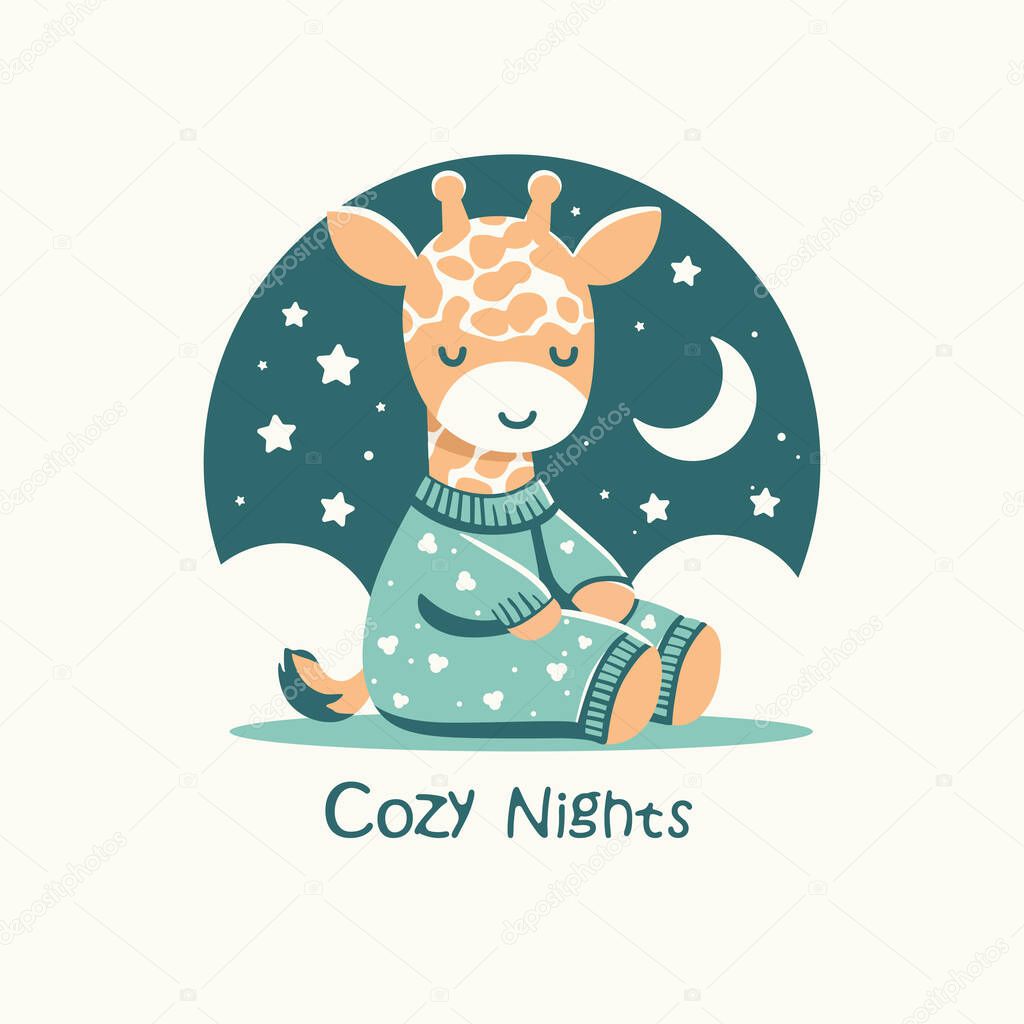 Cute giraffe sleeping, wearing pajamas. Logo for a store and production of children's clothing or sleep accessories. Illustration in flat vector style.