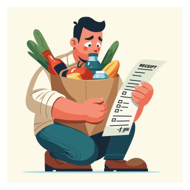 Bakkal çantalı bir adam beklenmedik bir şekilde çok para harcadığı için çok üzgün. Düz bir şekilde vektör illüstrasyonu.