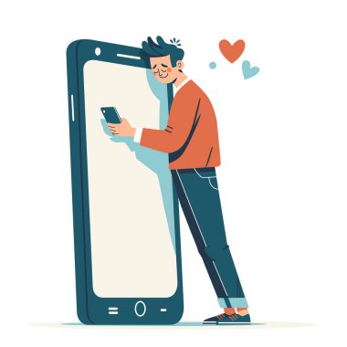 Elinde telefonla konuşan genç bir adam, video konuşmasında büyük akıllı telefon modeline dayanıyor. Vektör düz biçim illüstrasyonu.