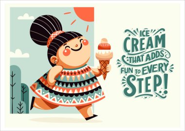 İyi bir ruh hali içinde tatlı bir kız önünde waffle külahında dondurma tutarak yürüyor. Ürün tasarımı, etiket, basılı reklam materyalleri.