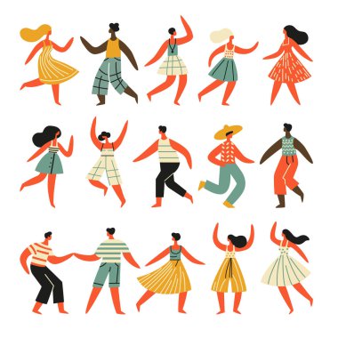 Tatil konsepti. Yaz kıyafetleri içinde bir sürü insan eğleniyor, dans ediyor ve zıplıyor. Parti dekorasyonu, çok kültürlülük, bayramlar ve festivallere uygun.