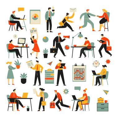 Ofis çalışanları, kadın ve erkekler birlikte çalışıyor. Düz vektör biçiminde minimalist simgeler kümesi.