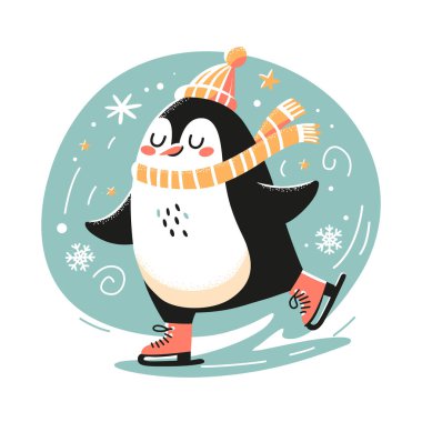 Sıcak bir şapka ve eşarp takan sevimli bir penguen kışın buz üzerinde paten kayar..