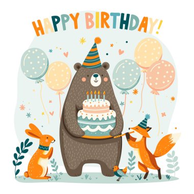 Doğum günü pastası tutan bir ayı, flüt çalan bir tilki ve tavşan içeren bir çocuğun doğum günü kartı..