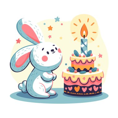 Sevimli bir tavşan, ona verilen büyük ve güzel doğum günü pastasına hayranlık ve neşe ile bakar..