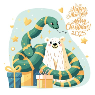 Greeting card for 2025 with the symbol of 2025 - a snake and a polar bear. clipart