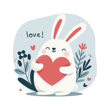 Elinde kocaman kırmızı bir kalp tutan sevimli bir tavşan. Düz vektör illüstrasyonu.