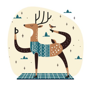 Geyik doğada yoga yapıyor. Düz vektör illüstrasyonu.