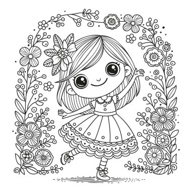 Çocuklar ve yetişkinler için boyama sayfası. Çiçek bahçesinde dans eden tatlı kız. Sanat terapisi. Renklendirme için resim.