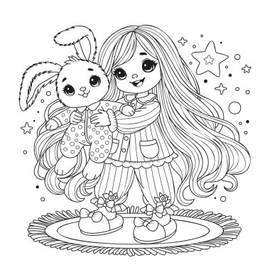 Pijamalı tatlı bir kız kocaman bir tavşana sarılıyor..