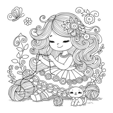 Çocuklar ve yetişkinler için boyama sayfası. Uzun saçlı tatlı bir kız yerde oturup kedi yavrusu ve yün yumaklarıyla oynuyor..