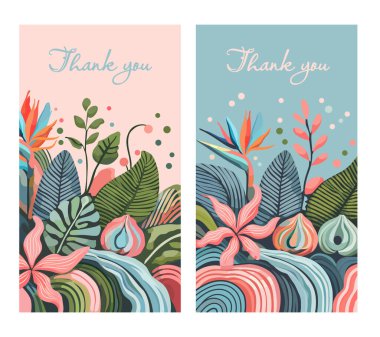 Selamlama, davet ve metin için yeri olan teşekkür kartları tasarlamak için tropikal çiçeklerle dolu parlak bir arkaplan.