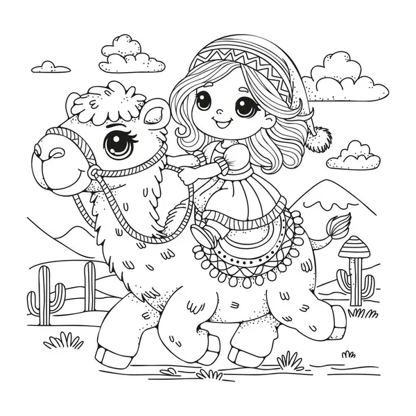 Deveye binen tatlı bir kız. Boyama sayfası, çocuklar ve yetişkinler için sanat terapisi. Resim satırı.