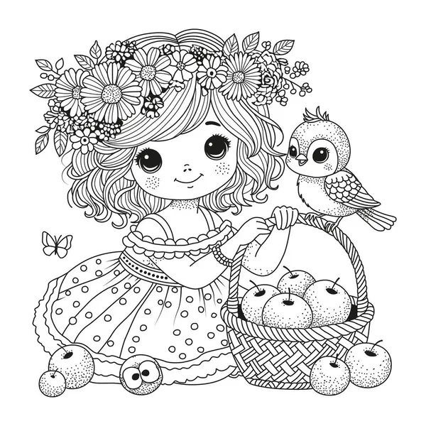 Yaz elbisesi içinde şirin bir kız elma sepetinin yanında oturuyor. Çocuklar ve yetişkinler için boyama sayfası. Sanat terapisi.