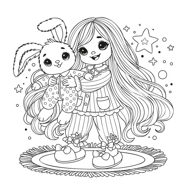 Pijamalı tatlı bir kız kocaman bir tavşana sarılıyor..