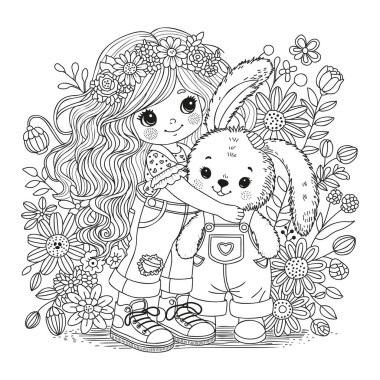 Çocuklar ve yetişkinler için boyama sayfası. Tatlı bir kız yumuşak bir oyuncağa sarılıyor. Çiçeklerin arkasında duran büyük bir tavşan..