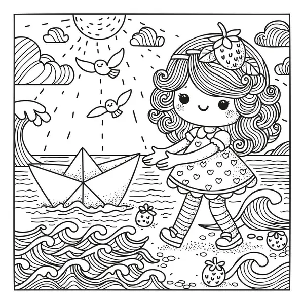Kumsalda tatlı bir kız yürüyor, kağıttan bir tekne denizde yüzüyor, martılar uçuyor. Renk sayfası.