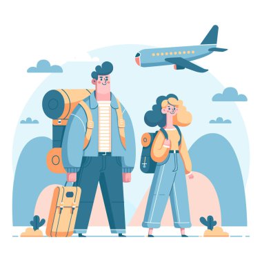 Bavul ve sırt çantalı genç erkek ve kadın turistler, uçan bir uçağın arka planında duruyorlar..