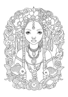 Boyama sayfası. Sevimli genç bir kadın çiçeklerle süslenir ve değerli taşlarla süslenir. Zodiac işareti - Balık burcu.