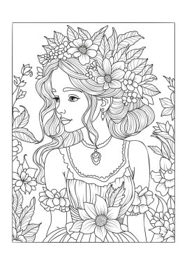 Çiçeklerle süslenmiş gür saçlı, yaz elbisesi içinde tatlı bir kız. Çocuklar ve yetişkinler için boyama sayfası. Sanat terapisi.