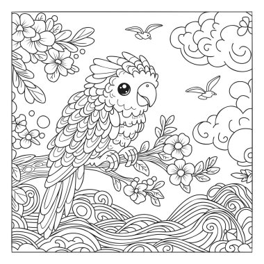 Dalda oturan sevimli bir papağan. Çocuklar ve yetişkinler için boyama sayfası. Renklendirme için siyah beyaz arkaplan.