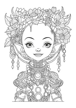 Şirin kız. Kozmonot kostümü giymiş, saçı çiçeklerle süslenmiş bir elf. Çocuklar ve yetişkinler için boyama sayfası. Sanat terapisi.