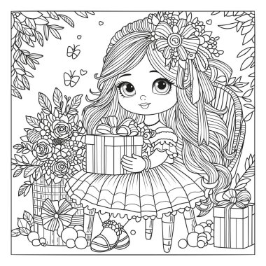 Çiçeklerle süslenmiş güzel bir saç stili olan sevimli bir kız elinde hediye kutusuyla bir sandalyeye oturur. Çocuklar ve yetişkinler için boyama sayfası.