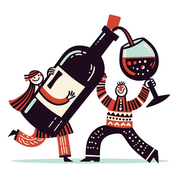 Kadın ve erkek şişeden cama şarap dolduruyor. Düz vektör biçiminde mizahi illüstrasyon.