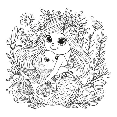 Uzun saçlı şirin bir denizkızı balığa sarılıyor. Boyama sayfası. Renkler için siyah ve beyaz illüstrasyon.