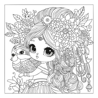 Çiçeklerle süslenmiş uzun saçlı ve şık elbiseli prenses elinde güzel bir kuş tutuyor. Boyama kitabı sayfası.