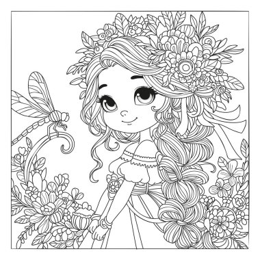 Çiçeklerle süslenmiş güzel bir saç stili olan tatlı bir kız bahçede çiçeklerin arasında duruyor ve bir yusufçuğa bakıyor. Renk sayfası.