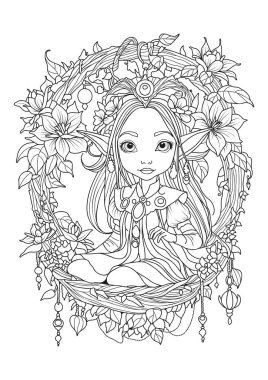 Elf girl with long ears swings on a swing beautifully decorated with flowers. Coloring page for children and adults.