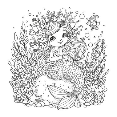 Kayanın üstünde oturup denizyıldızına sarılan tatlı denizkızı. Çocuklar ve yetişkinler için boyama sayfası.