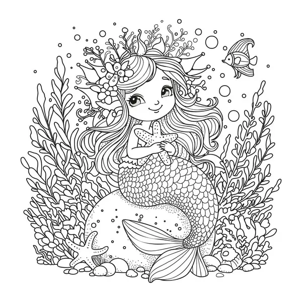Kayanın üstünde oturup denizyıldızına sarılan tatlı denizkızı. Çocuklar ve yetişkinler için boyama sayfası.