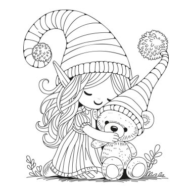 Şapkalı, ponponlu şirin bir elf kızı oyuncak ayıya sarılıyor. Çocuklar ve yetişkinler için boyama sayfası. Sanat terapisi.