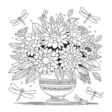 Üzerinde yusufçuklar uçuşan vazonun içinde bir buket çiçek. Boyama sayfası. Sanat terapisi.