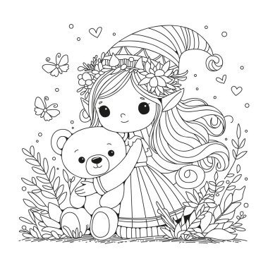 Sevimli elf oyuncak ayıyı kucaklıyor. Boyama sayfası. Renklendirme için Siyah ve Beyaz Görüntü.