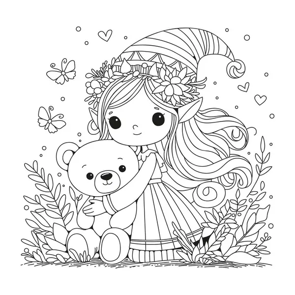 Sevimli elf oyuncak ayıyı kucaklıyor. Boyama sayfası. Renklendirme için Siyah ve Beyaz Görüntü.