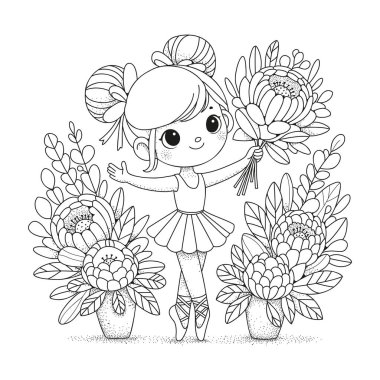 Büyük bir buket çiçekli şirin balerin kız. Çocuklar ve yetişkinler için boyama kitabı sayfası. Sanat terapisi.