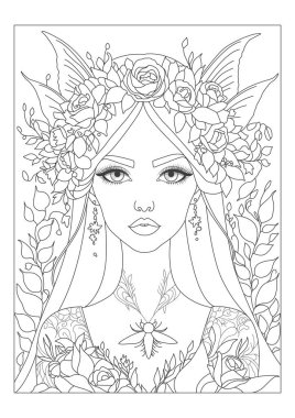 Çiçeklerle süslenmiş güzel saçlı genç bir kız. Çocuklar ve yetişkinler için boyama sayfası. Renkler için siyah ve beyaz illüstrasyon.